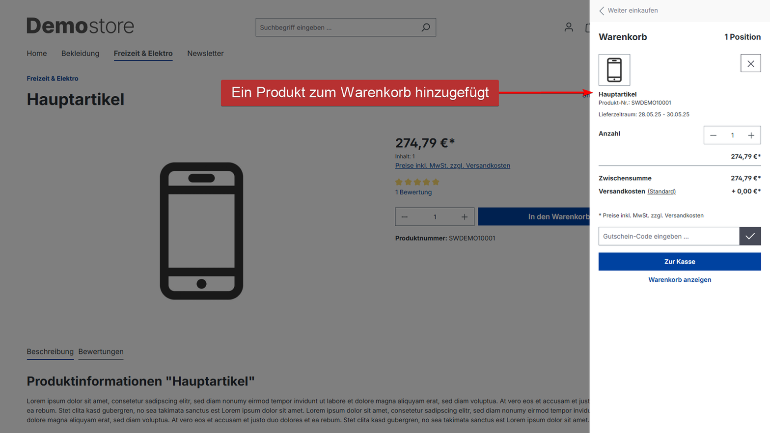 Ein Produkt zum Warenkorb hinzugefügt