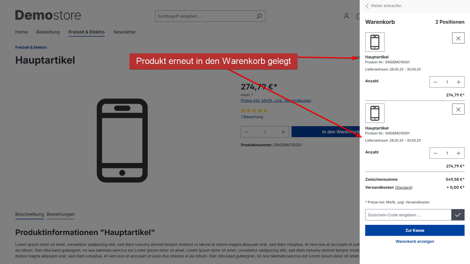 Produkt erneut in den Warenkorb gelegt – zwei getrennte Positionen